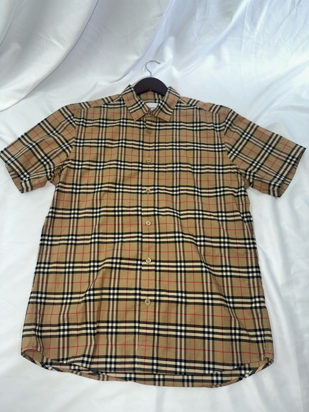 Burberry Beige Plaid Short Sleeve Button-Down Shirt